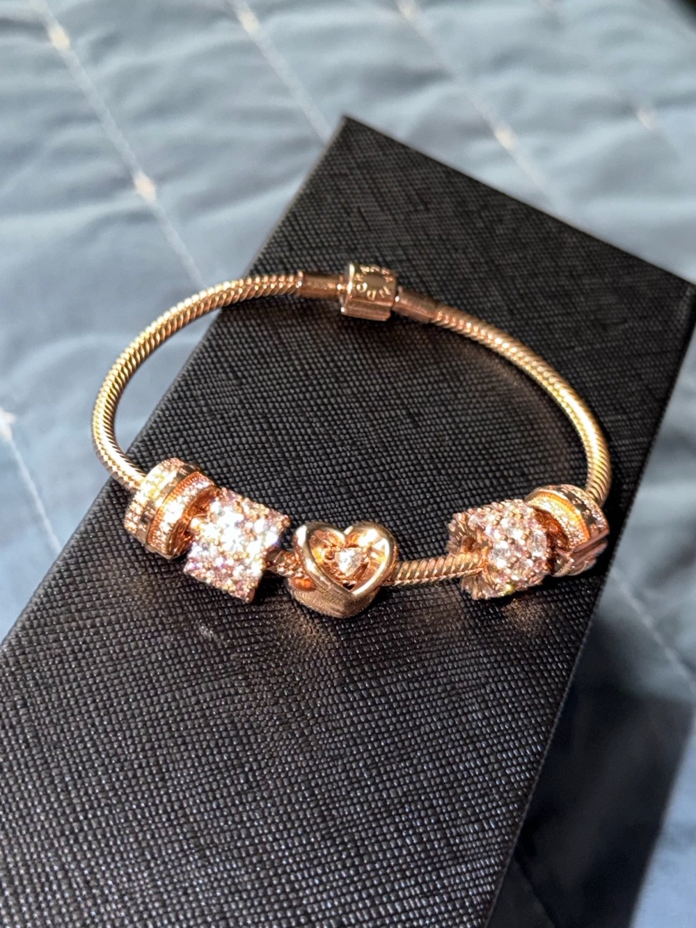 Pandora Rose Gold Charm Bracelet with Heart and Crystal Pave Charms